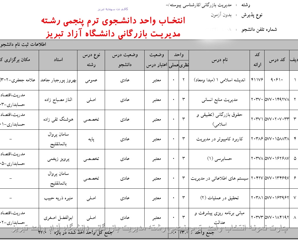 نمونه انتخاب واحد 1403 رشته مدیریت بازرگانی دانشگاه آزاد اسلامی واحد تبریز